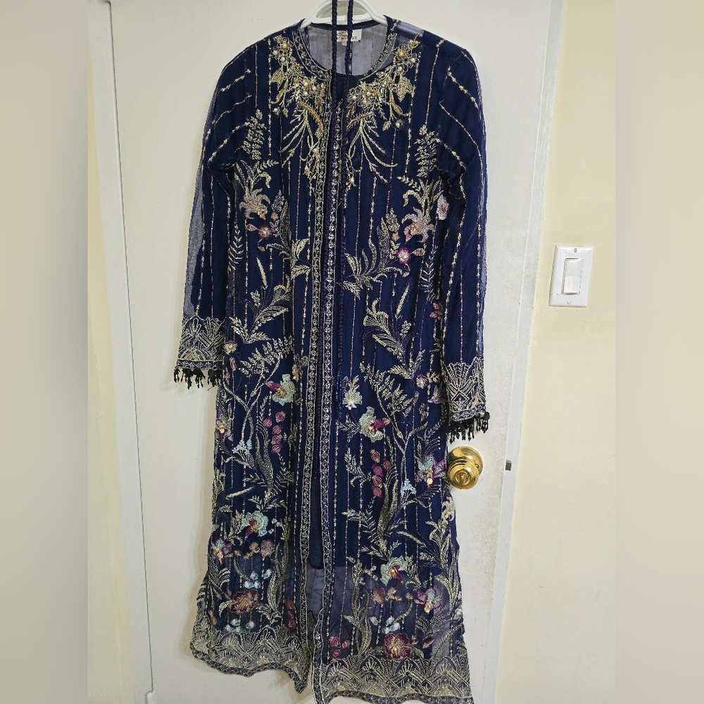 Embroidered Navy Long Coat
